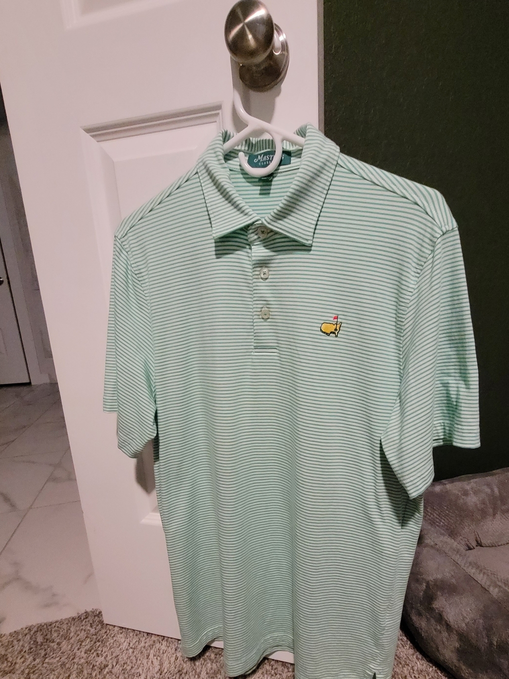 NWOT Masters Mint-Striped Polo with Embroidered Yellow Logo